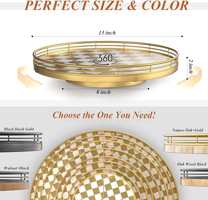 Premium Rubber Wood Lazy Susan Turntable, Gold White Checkerboard Decorative Serving Tray, Hand-Welded Metal Railing, Stable Rotating Organizer for Dining Table, Kitchen Counter, Coffee Table Decor