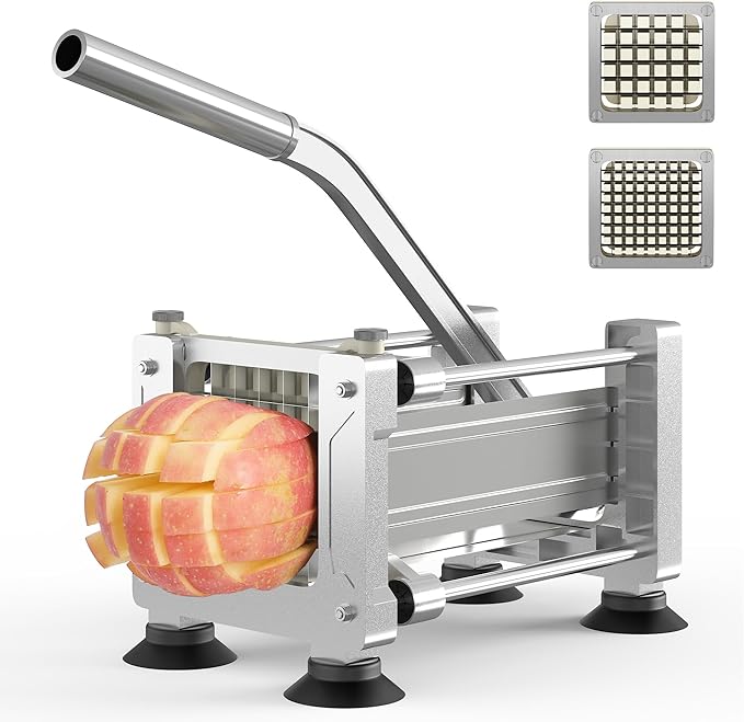 Commercial French Fry Cutter with 1/2 Inch & 3/8 Inch Blade, Heavy Duty Potato Slicer, Potatoes Cutter for Potatoes, Carrots, Cucumber, Onion, Yam, Stainless Steel