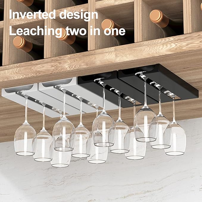 Plastic Wine Glass Rack, No Drilling Wine Glasses Holder Under Shelf & Cabinet, Hanging Stemware Rack Organizer Hanger Hanger Storage Shelf for Bar Cabinet Kitchen(2pcs black)