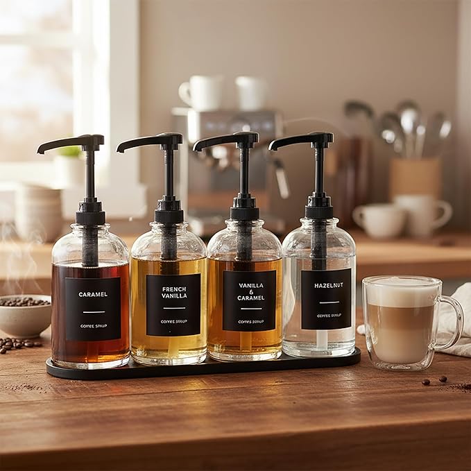 Coffee Syrup Dispenser for Coffee Bar, Glass Syrup Bottle with 1/4 oz Large Capacity Pump, Syrup Pump Dispenser with Pump for Coffee Station, Black with Tray,16.9oz, Set of 4