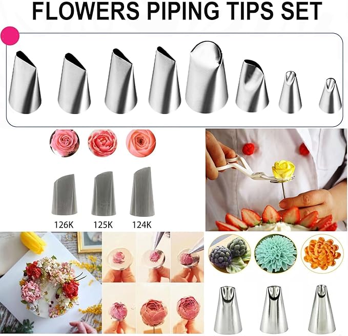 23Pcs Cake Decorating Tools Set, Stainless Steel Rose & Petal Icing Piping Tips with Flower Nails, Flower Lifters, Brush, Piping Bags and Pastry Bag Ties for Cake Cupcake Fondant Cookie Baking