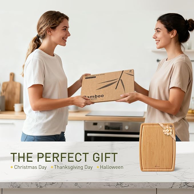 Lightweight Durable Bamboo Cutting Board with Non-Slip Feet, Reversible Wood Cutting Board with Juice Groove Easy to Store & Clean, Water-Resistant Ideal Kitchen Gift for Home Cooks