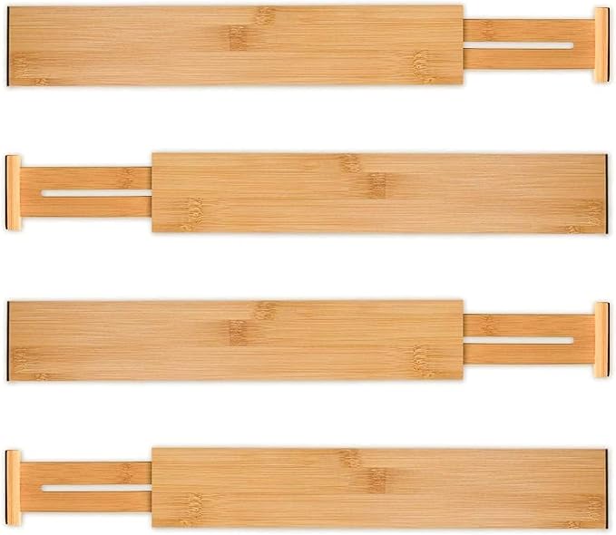 Utoplike 4 pcs Bamboo Kitchen Drawer Dividers Large, Adjustable Drawer Organizers, Spring Loaded, Expandable Organization Works in Kitchen, Dresser, Bathroom, Bedroom, Drawer, Desk