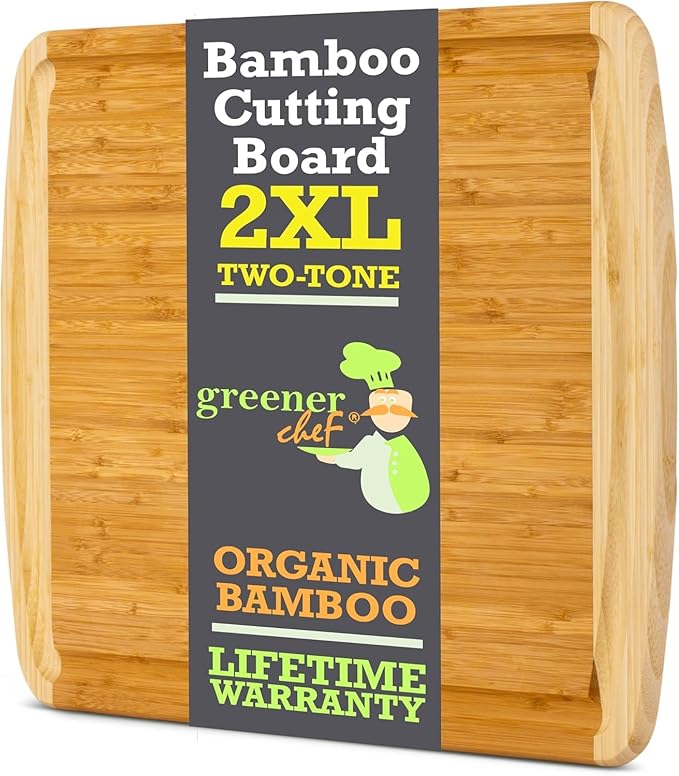 GREENER CHEF 24 Inch Bamboo Cutting Board with Lifetime Replacement - 2XL Extra Large Wooden Butcher Block for Kitchen, Stove Top, Meat, Vegetables, and Charcuterie with Deep Juice Grooves
