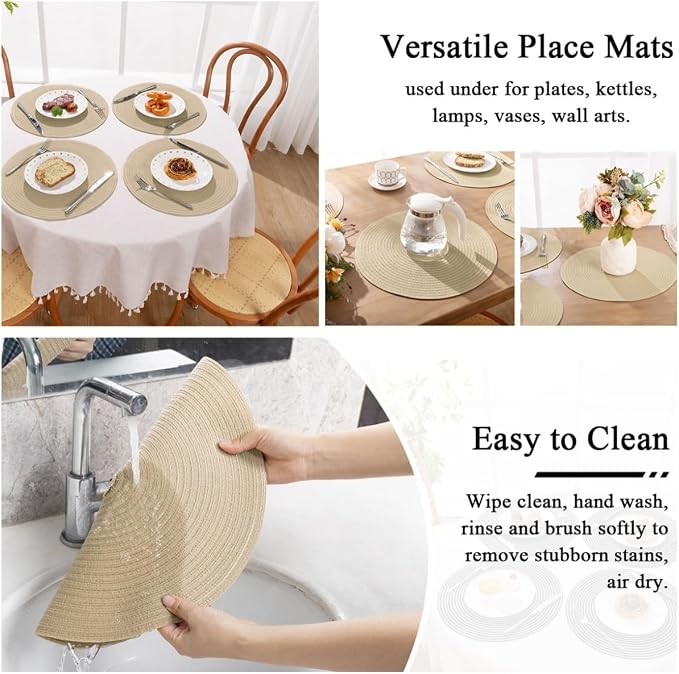 SHACOS 15 inch Round Braided Placemats Set of 4 Cotton Polyester Place Mats Washable Kitchen Dining Table Mats for Dinner Party Table Decor (Light Beige, 4)