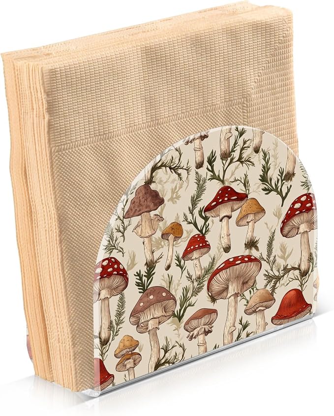Fustylead Retro Various Mushroom and Fern Napkin Holder for Table Acrylic Vertical Napkin Holders for Paper Napkins Decorative Napkin Dispenser for Home Party Dining Cocktail Kitchen Accessories, 2 PC