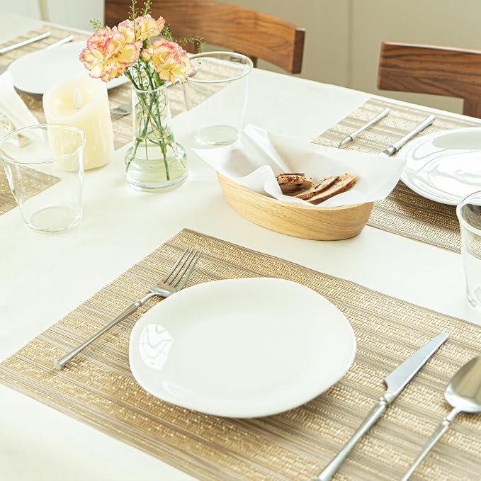 Placemats Set of 4 Vinyl/Plastic Woven Place Mats for Kitchen Table Indoor/Outdoor Washable Placemat Wipeable Dining Table Mats (Aurora Gold,4)