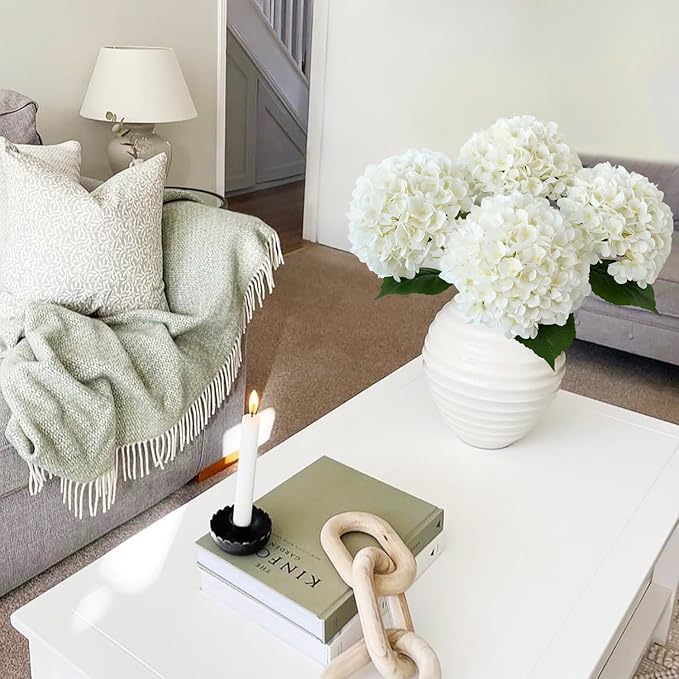 JINWOE White Hydrangea Artificial Flowers, 4Pcs 22" Large Lifelike Faux Silk Flowers, Full Fake Artificial Hydrangeas with Stems for Bouquet Table Centerpieces Home Outdoor
