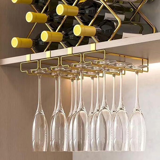 GLOBLELAND 2 Pack Under Cabinet Wine Glass Holder Under Shelf Gold Wine Glass Rack Stemware Rack Hanging Stemware Holder Metal Organizer Storage Hanger for Bar Kitchen