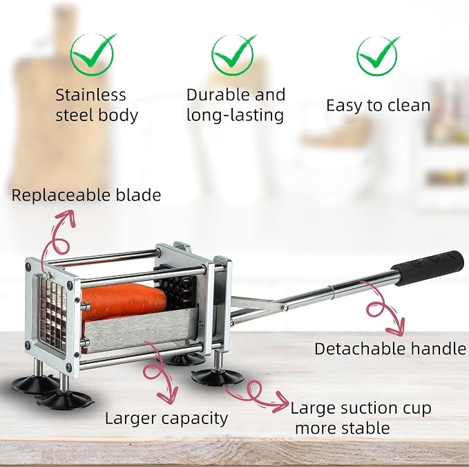 French Fry Cutter Professional Stainless Steel Potato Cutter with 1/2 Inch and 3/8 Inch Blades Commercial French Fries Slicer for Potatoes Carrots Cucumbers