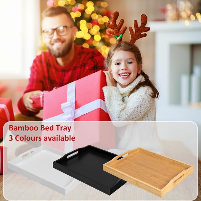 RRX Bamboo Food Serving Tray with Handles,Breakfast Bed Tray (Black) | Wood Tray for Tea, Snack, Dinner, Home Decorative Storage Food, Platter, Ottoman for Kitchen Counter, Bathroom, Restaurant
