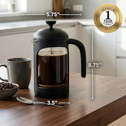 OVENTE French Press Coffee Maker 20 Ounce with Heat Resistant Borosilicate Glass & Stainless Steel 4-Level Filtration System, Portable Cold Brew Coffee Maker for Travel, Camping or Gift, Black FPB20B