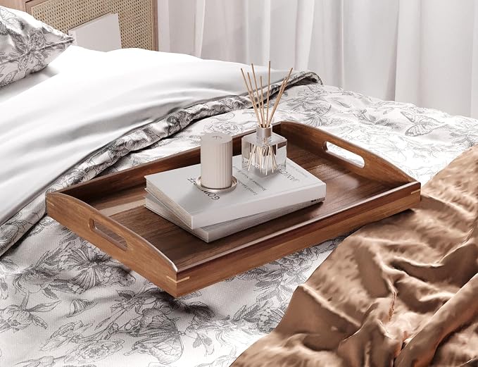 Acacia Wood Set of 2 Serving Tray with Handles,Large & Small Food Serving Trays for Coffee Table, Kitchen Counter, Breakfast, Party, Decorative Trays for Eating, Ottoman, Bathroom