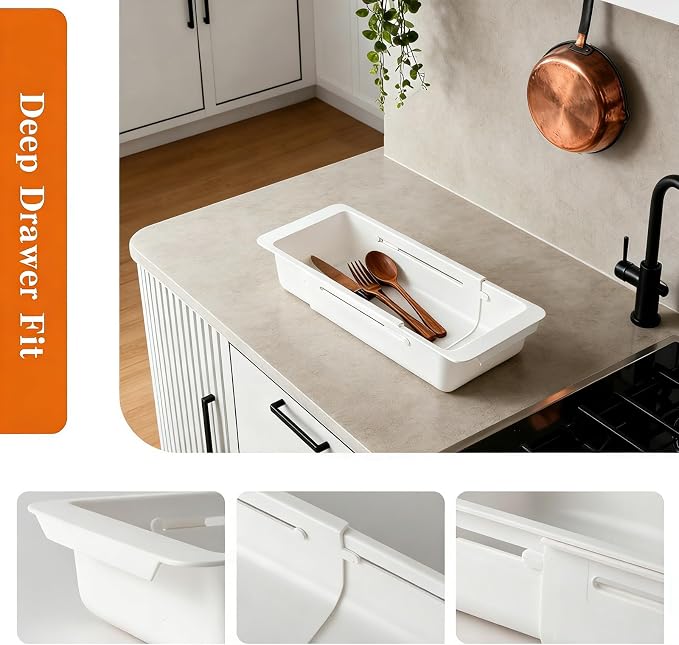 2 Pack Expandable Deep Drawer Organizer for Kitchen, Ideal as Cutlery Drawer Organizer. Sliding, Adjustable, 12.4-17.7". Durable Plastic.