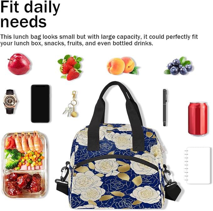 Pardick Roses Flower Blue Insulated Lunch Bag for Women Leakproof Lunch Box Large Cooler Thermal Tote Bag with Shoulder Strap Meal Prep Bags for Work School Office Picnic Teen Girls Adult