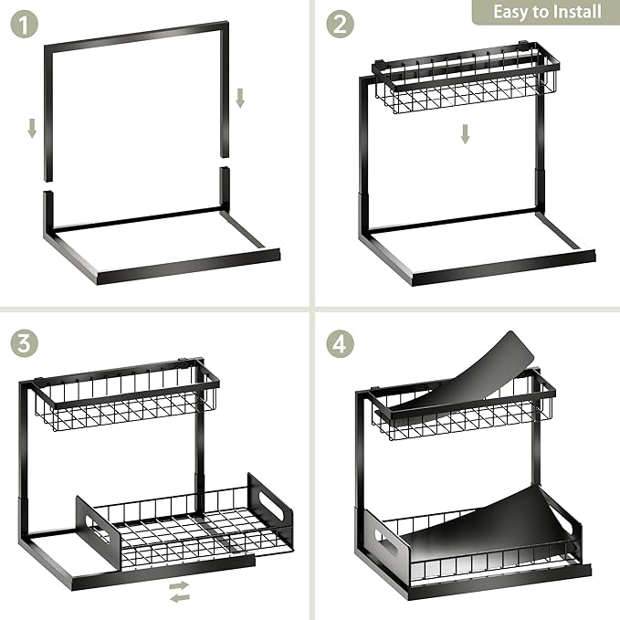 VUSIGN Under Kitchen Sink Organizer 2 Tier, Pull Out Bathroom Sink Organizers and Storage, Cabinet Kitchen Bathroom Storage Organization Shelf, 1 Pack Black