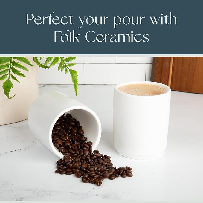 Folk Ceramics Dylan Ceramic Cappuccino Cups Set | Double Walled Ceramic Coffee Mug Set | Compact & Heat Insulated Cappuccino, Tea, Coffee & Latte Cup | 8oz, Set of 2 | Whisper White