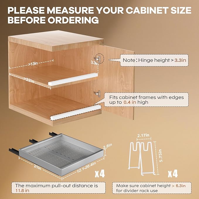 Seinloes 4 Pack Pull out Cabinet Organizer 21"Deep With Raising Pad for Framed Cabinets, Expandable Slide out Drawers for Kitchen Cabinets with 4pcs Divider Racks,Roll out Shelves 12.1"-20.4" W Silver