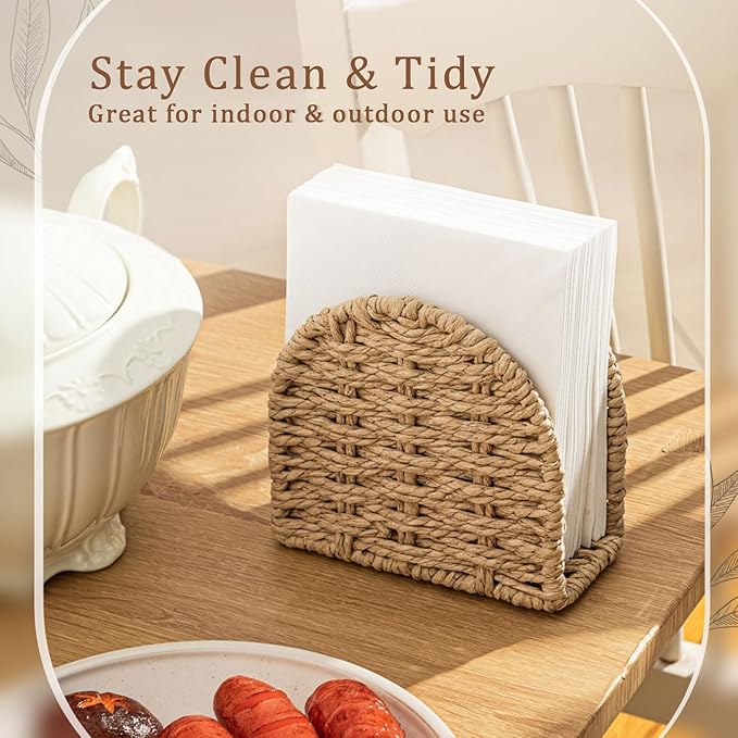 Threehoney Woven Rattan Wicker Upright Napkin Holders for Table Standing Paper Dispenser for Guest Restaurant Kitchen Bathroom Room Cocktail Decoration Indoor & Outdoor Party Use(Arched,Flaxen)