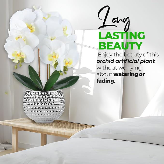 Large Orchids Artificial Flowers, 17'' White Faux Orchids with Gold Pot for Living Room Decor, White Faux Orchid Plant for Bathroom Kitchen Home Indoor Hotel Decor (Large Silver)