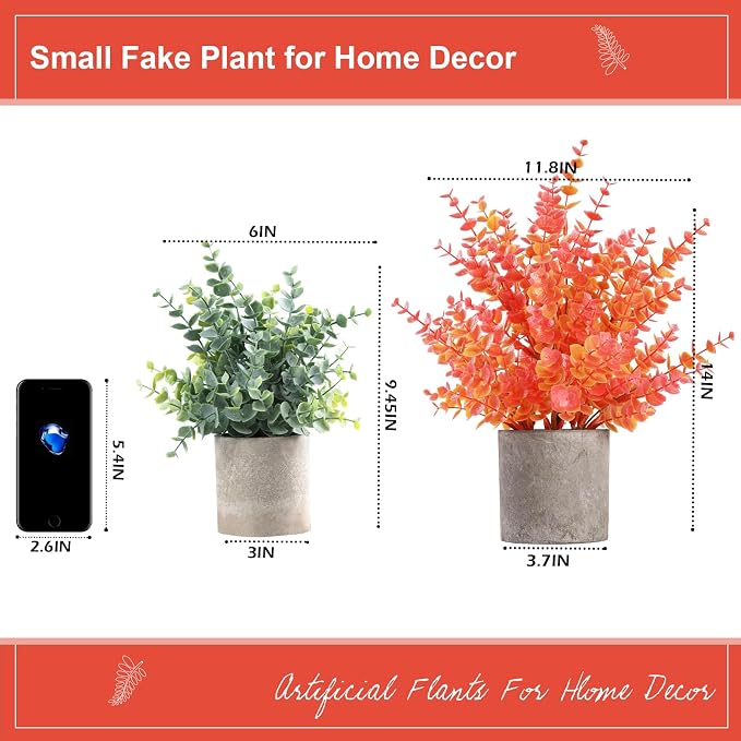 Coferset 2 Pack Fall Small Fake Plants 14" Eucalyptus Potted Artificial Plants Fall Decorations for Home Shelf Office Bathroom Desk Farmhouse Room Coffee Table Decor Fall Decor (Fall Orange-Large)