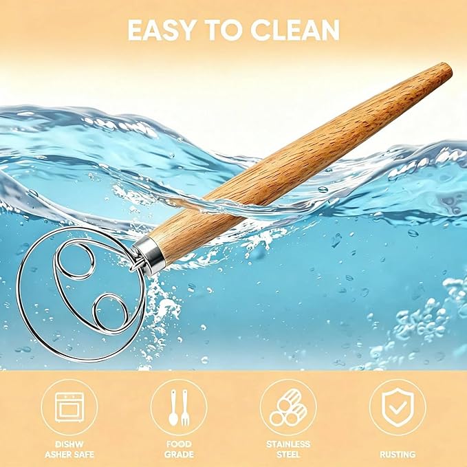 Maxjoy Danish Dough Whisk Stainless Steel Wooden Handle for Sourdough Bread Baking