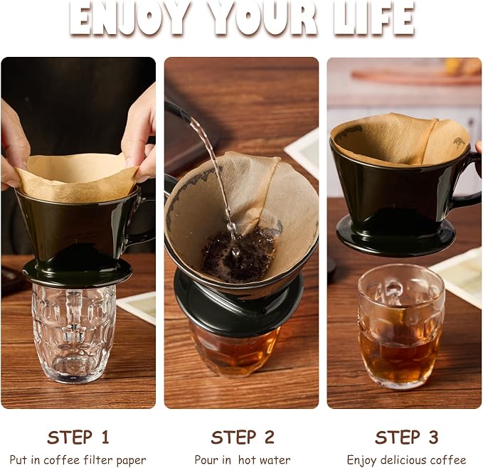 Pour Over Coffee Dripper, Ceramic Pour Over Coffee Maker with 3 Holes Flat Bottom, Easy Manual Brew Maker, Porcelain Slow Filter Cone for Travel, Camping, Office, Home,Black