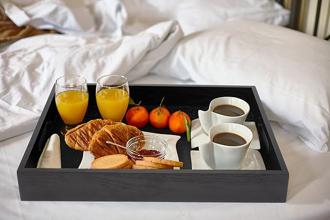 ATZYmolin Wood Serving Tray with Handles, Home Decorative Wooden Rectangle Ottoman Decor Platter Vanity Tray for Breakfast Dinner Drinks Kitchen Dining Living Bathroom Restaurants Black