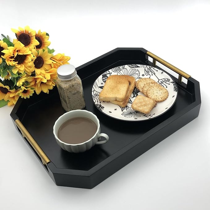 Serving Tray with Polished Metal Handles, Hexagon Coffee Table Tray, Modern Rectangle Decorative Tray, Large Ottoman Tray, Perfect for Storage and Display (Black Rectangle)