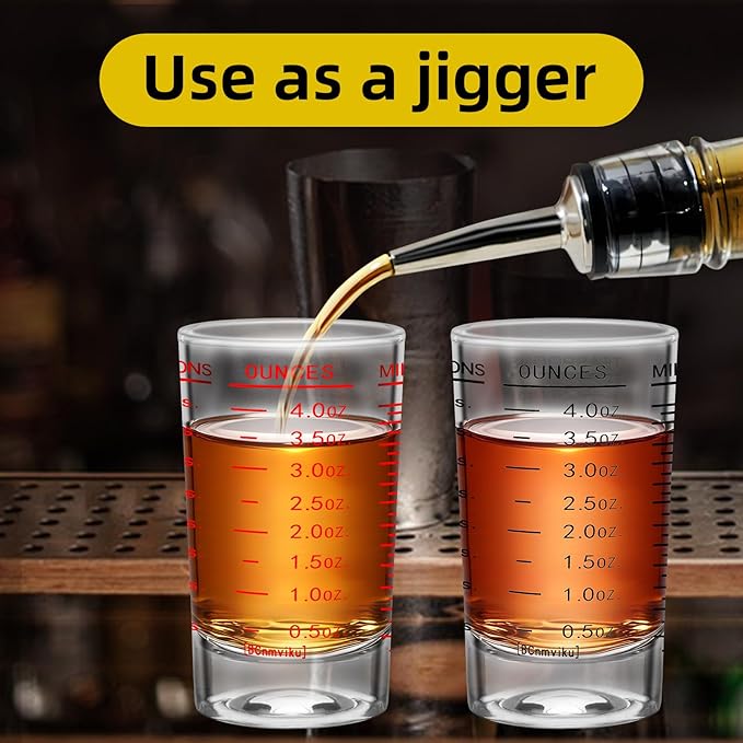 4Pcs Shot Glass Measuring Cup, 4 Ounce Heavy Base Jigger, Espresso Shot Glasses, Liquid Cup, Round Shot Glasses, Small Cups for Vodka, Whiskey, Tequila, Espresso, Liquor (4, Black & Red)