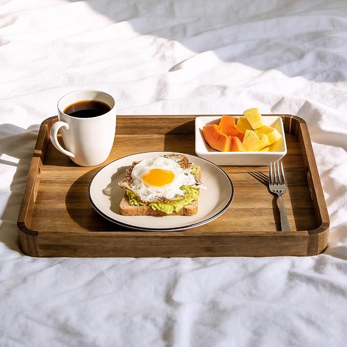 HILLSPRING Acacia Wood Serving Tray with Handles,17 Inch Rectangular Farmhouse Rustic Ottoman & Coffee Table Tray for Living Room, Breakfast in Bed, Charcuterie, Brown
