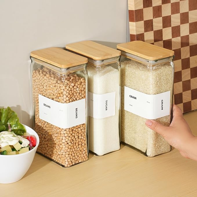 APT 1101 Glass Storage Jars with Bamboo Lid, glass canisters with airtight lids, Clear jars with lids for Spice, Cookie, Candy, Tea, Coffee Bean and Rice (White, 67 oz, Set of 3)