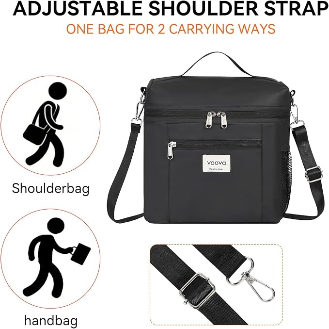 Voova Lunch Bag for Men and Women, Insulated Lunch Box with Shoulder Strap, Adult Reusable Lightweight Nylon Waterproof Lunchbox Lunch bags for Work, Black