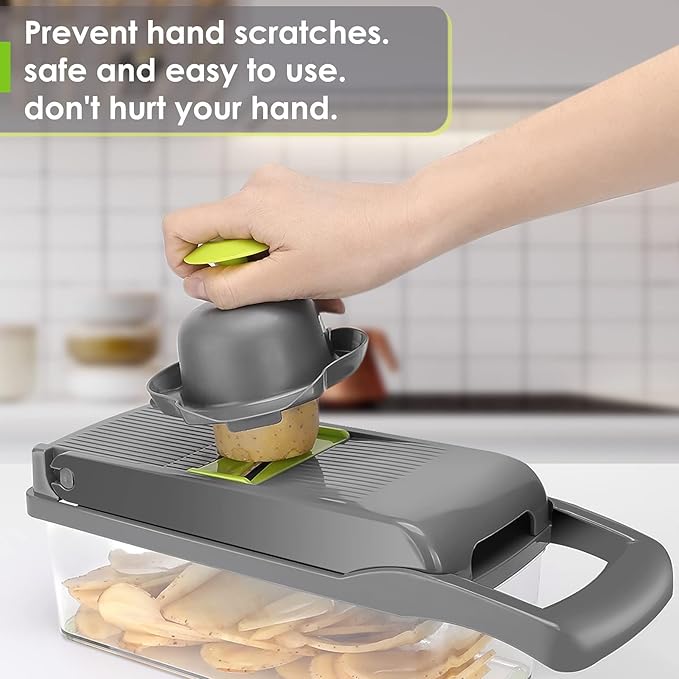 Vegetable Chopper Pro, Mandoline Slicer – 7 Stainless Steel Blades for Onion, Potato, Salad – Safe, Easy Clean & Dishwasher Safe Kitchen Gadget – Ideal for Parents, RV