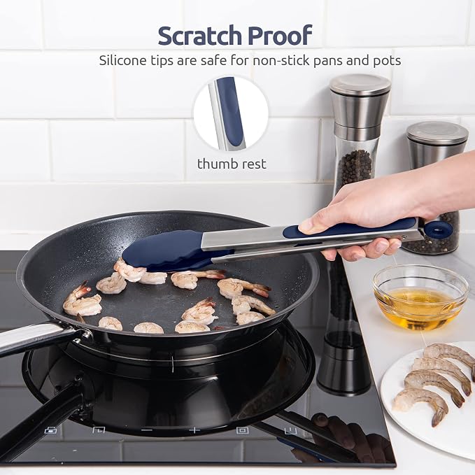600ºF Heat Resistant Kitchen Tongs: U-Taste 12 inch Large Silicone Cooking Tong with Non Stick Rubber Tips & Silicon Coated 18/8 Stainless Steel Handle & Smooth Lock for Serving Grill (Midnight Blue)