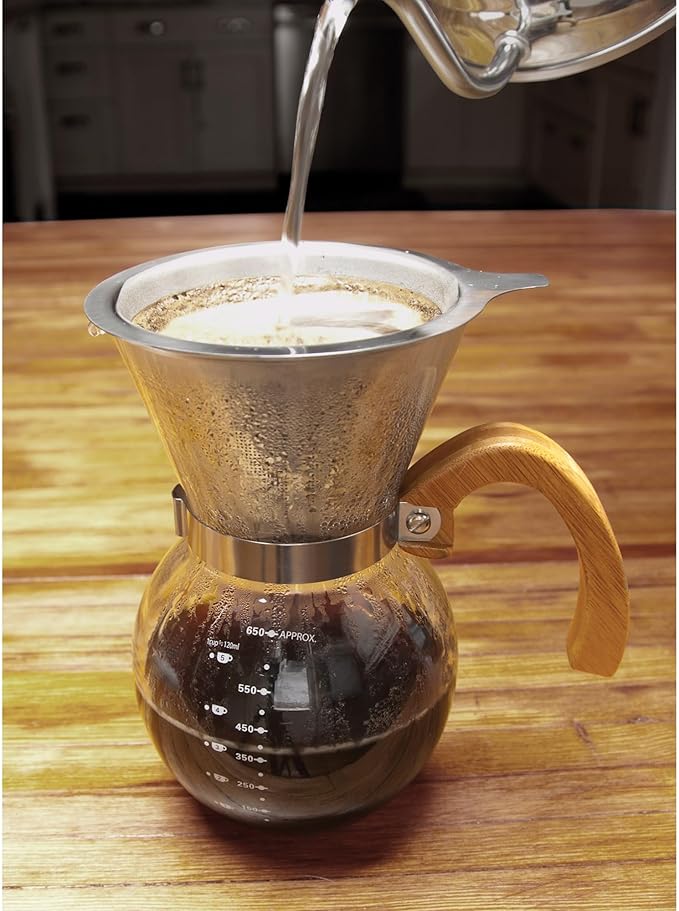 Fino Pour-Over Coffee Maker, Borosilicate Glass and Bamboo Handle, Stainless Steel Filter, 4-Servings, 22-Ounce Capacity