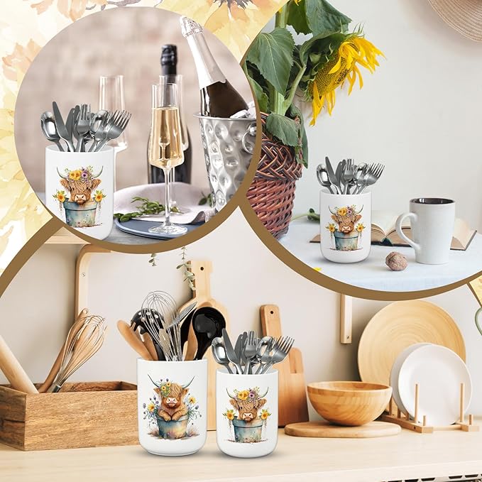 FYSUIMU Highland Cow Ceramic Utensil Holder Watercolor Cow Floral Utensil Crock for Farmhouse Home Kitchen Countertop Storage Organizer, Set of 2