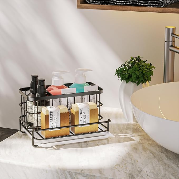 HapiRm Kitchen Sink Organizer, SUS304 Stainless Steel Rustproof Multifunctional Sink Caddy with Sponge Holder and Drain Tray for Kitchen Countertop (Black)