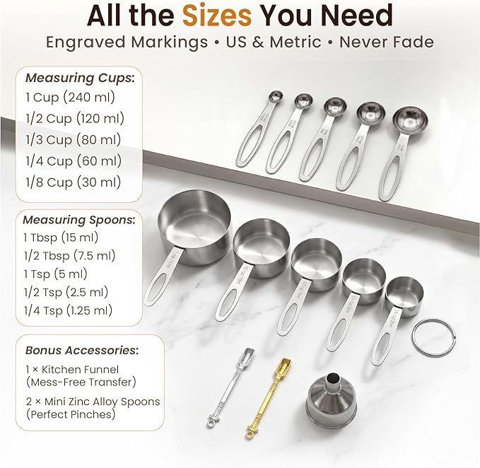 13PCS Stainless Steel Measuring Cups and Spoons Set with Funnel, Stackable Metal Measuring Cup and Spoon Set for Baking Cooking, Dishwasher Safe Kitchen Tools with for Dry & Liquid Ingredients