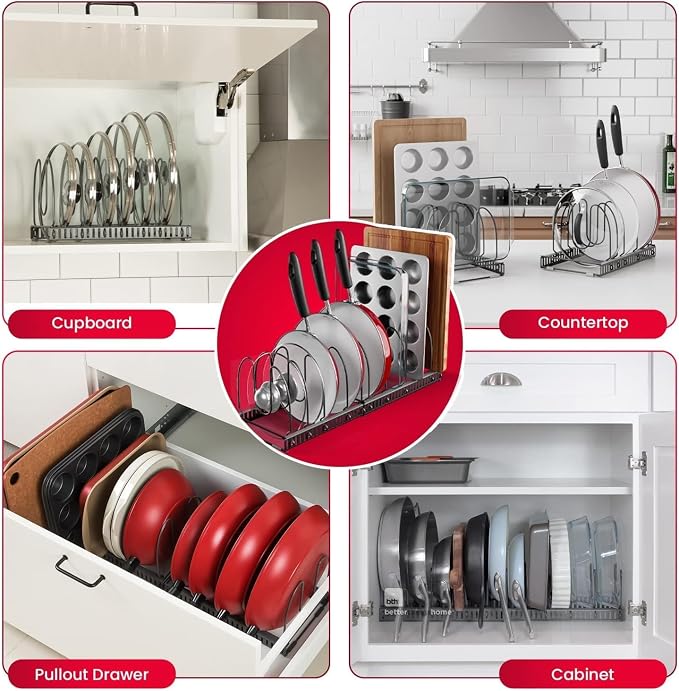 Better Things Home 12 Adjustable Dividers, Pan Pot & Bakeware Rack, Anti-Scratch Silicone Protection, Expand or Separate, Cabinet Countertop Pantry Organizer Rack (Large 8" W, Dark Grey)