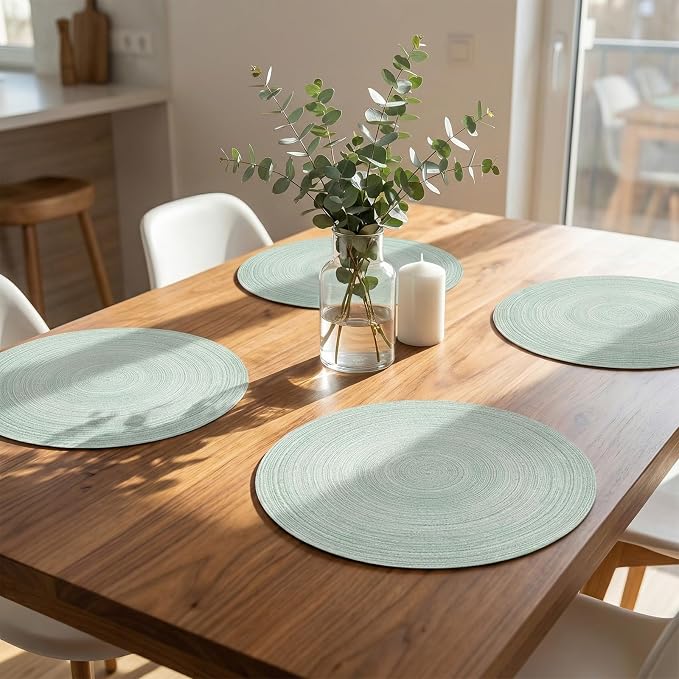 AHHFSMEI Round Braided Placemats Set of 6 Woven Table Mats for Dining Table Heat Resistant Easy to Clean Perfect for Kitchen & Home Decor (Fog Green)