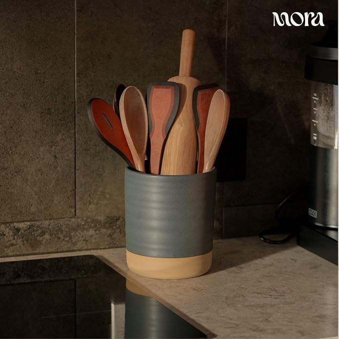 Mora Ceramic Kitchen Utensil Holder - Wooden Spoon & Spatula Crock for Countertop, Modern Farmhouse Home Decor, Large 7.3" Cooking Organizer for Stove Top and Counter - Heavy & Sturdy - Liquorice