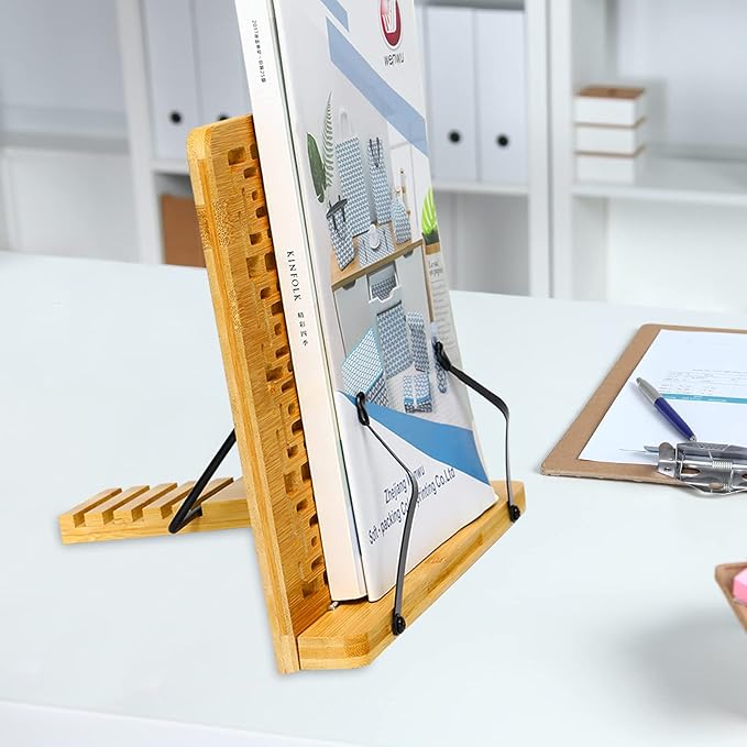MEGREZ Book Stand for Reading (13.2 x 9.4 inch) Bamboo Cookbook Stand Holder for Kitchen, Adjustable Book Holder Stand for Tablet/Textbook Holder/Hollow Bookrest Stand, Be Happy Everyday