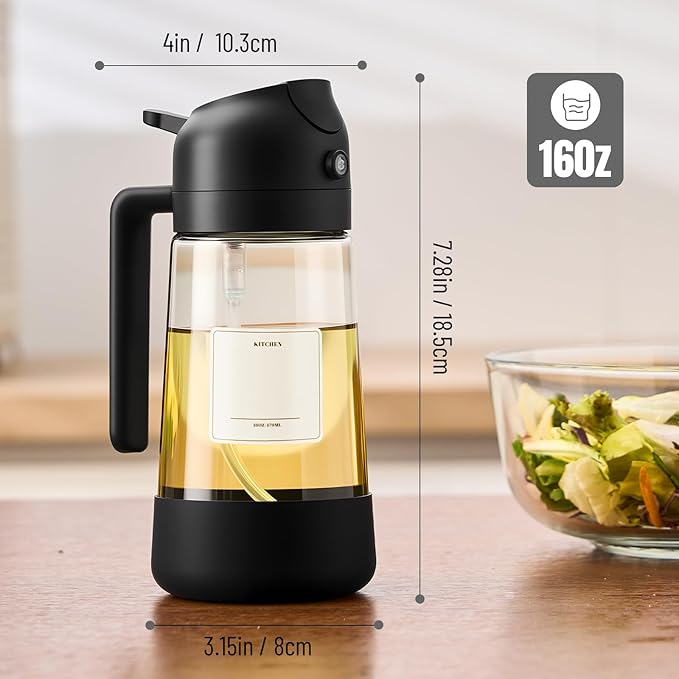 PARACITY Oil Dipenser Bottle with Silicone Bottom, 2 in 1 Olive Oil Sprayer and Dispenser, Oil Spray Bottle 470ML/ 16OZ for Cooking, Kitchen, BBQ, Air Fryer, Salad, Baking(1PC Black)