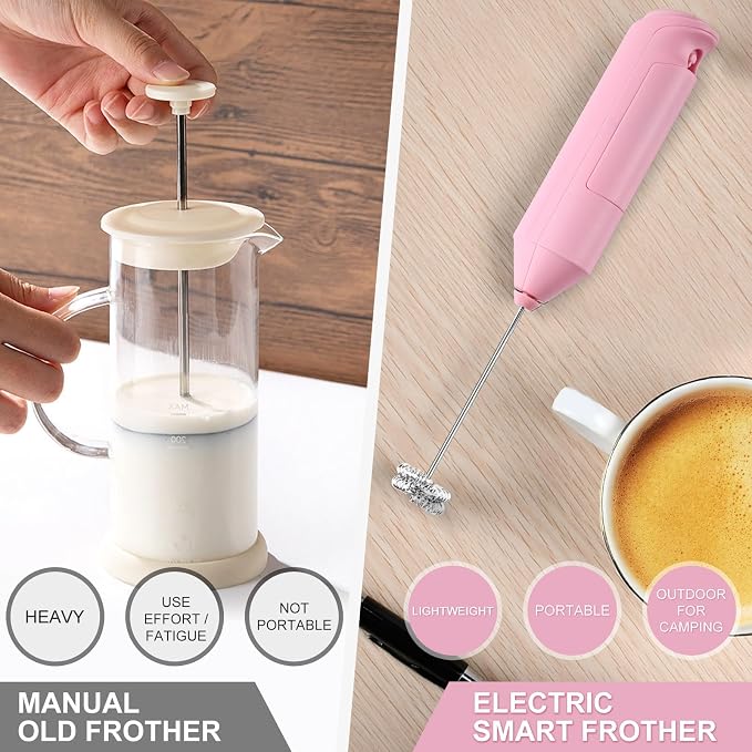 Double Whisk Milk Frother, Handheld Electric Blender stick, Drink Mixer with Food Grade Stainless Steel Stirrer, Battery Operated Foam Maker for Coffee, Cappuccino, Matcha,Hot Chocolate Latte, in Pink