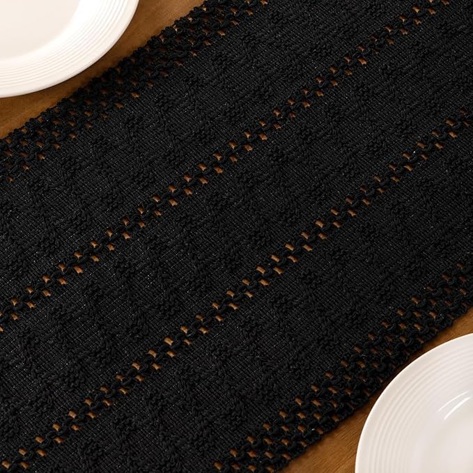 MLMC Black Boho Table Runner Farmhouse Macrame Woven Table Runner 90 inch Long Rustic Cotton Linen Blend Table Decor for Dinning Kitchen Wedding Bridal Shower Eveyrday Use 12x90 Inch
