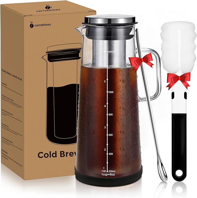 Cold Brew Coffee Maker 1.4L/48oz with Handle, Extended Stainless Steel Filter for Deep Extraction, Iced Tea Pitcher with Non-Slip Base Includes Cleaning Brush & Long Stirring Spoon