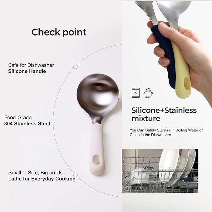 Korean Mukbang Spoon, Serving Spoon, Multipurpose Stainless Steel Ladle Silicone handle Serving Cooking Ladle 먹방 스푼,미니 국자, 서빙스푼 전현무 국자 (Mint)