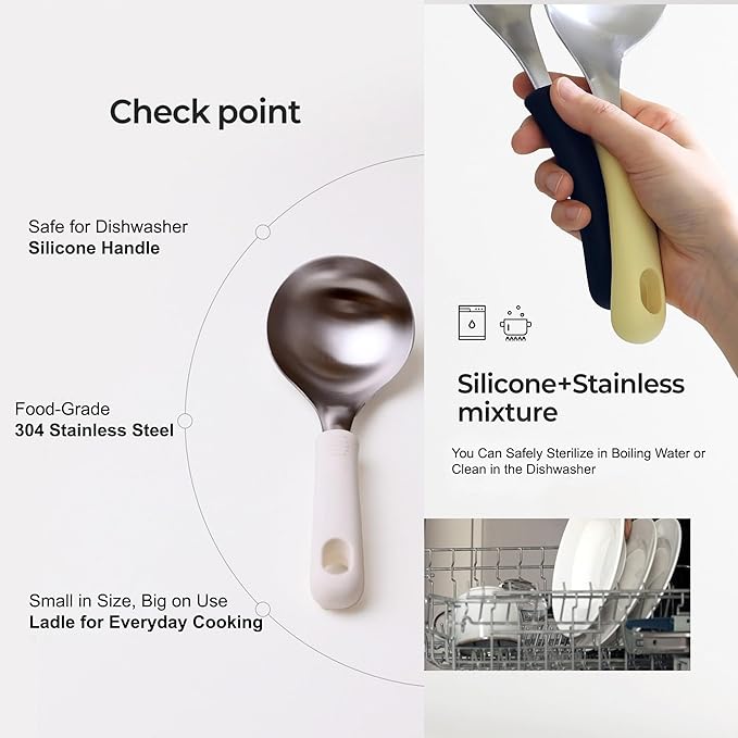 Korean Mukbang Spoon, Serving Spoon, Multipurpose Stainless Steel Ladle Silicone handle Serving Cooking Ladle 먹방 스푼,미니 국자, 서빙스푼 전현무 국자 (Pink)