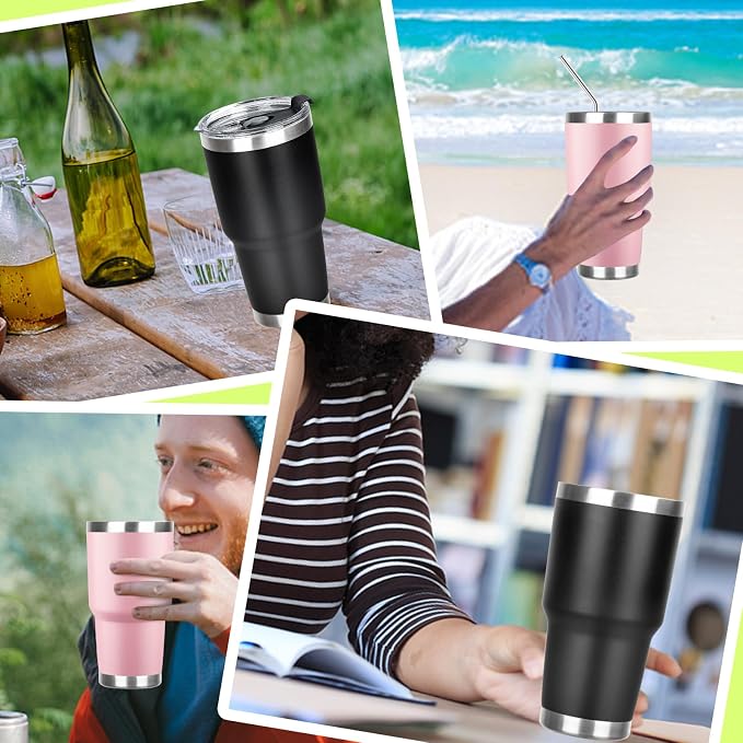 30 oz Tumbler with Lids and Straws Double Wall Vacuum Insulated Tumbler,Stainless Steel Leak-proof Tumbler Cup Powder Coated Travel Coffee Mug for Cold and Hot Drinks,Black Pink,2 pack